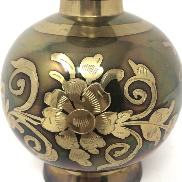 Brass Etched Bud Vase Two-Tone 70s Floral Bird Water Lily Bulb Design Inlay Boho - Picture 6 of 10